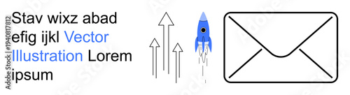 Email marketing, business communication, innovation, growth strategy, startup development, digital communication. A rocket and upward arrows next to a mail icon. Email marketing and growth strategy