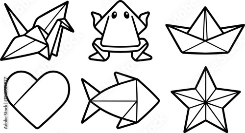 Line art origami icon set close up six simple paper shapes crane frog boat heart fish star in bold black outline