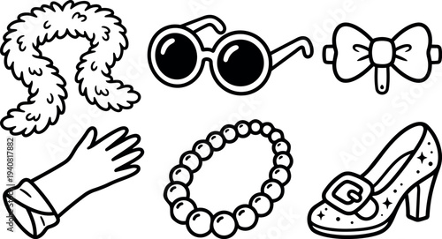 Line art fashion accessory icon set close up pearl necklace high heel shoe bow tie sunglasses glove feather boa on white