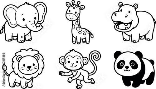 Whimsical kids doodle six cute safari animals in simple black line art arranged in grid, playful educational coloring sheet style