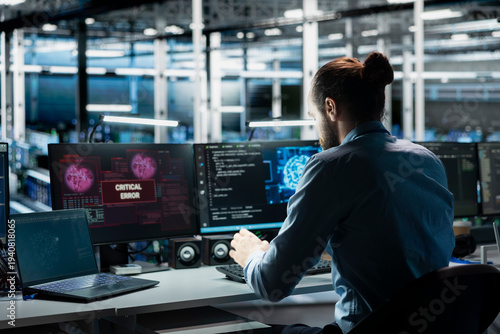 Принти на полотні Data center computer scientist trying to fix malfunctions using AI program
