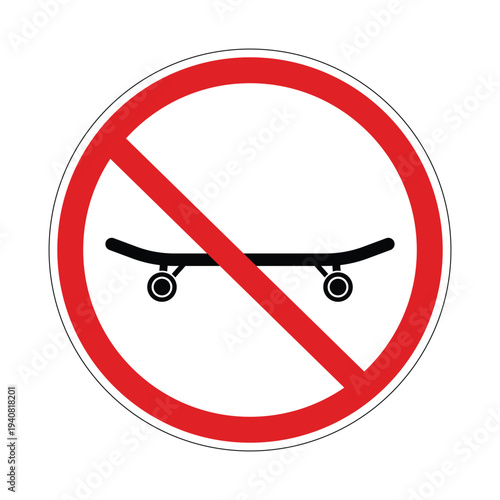 No skateboard sign, skateboarding prohibited symbol, red circle prohibit skateboard icon, crossed skateboard ban sign, no skating warning label, safety and property restriction symbol, flat vector iso