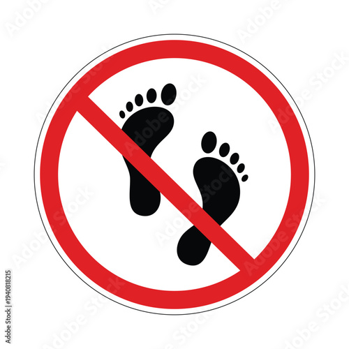 No barefoot sign, barefoot prohibited symbol, red circle prohibit bare foot icon, crossed foot ban sign, footwear required warning label, safety and hygiene restriction symbol, flat vector isolated il