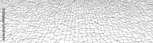 Abstract wireframe flat landscape with glowing grid lines forming a futuristic digital terrain. Technology background concept of cyberspace, virtual reality, metaverse, data visualization.