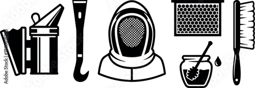 Line art vector beekeeping tools set showing smoker hive tool hive frame beekeeper hood honey jar brush close up minimalist icons