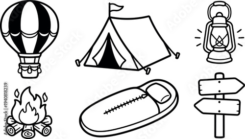 Hand drawn line art camping icons set with balloon, tent, lantern, sleeping bag, campfire, signpost in landscape layout collection
