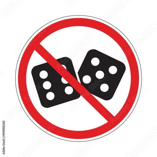 No gambling sign, gambling prohibited symbol, red circle prohibit dice and cards icon, crossed casino ban sign, betting restriction warning label, gaming prevention symbol, flat vector isolated illust
