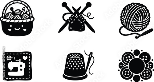 Black silhouette vector icons of knitting basket with yarn balls cartoon style hand knitting needles crocheting yarn ball with crochet hook sewing machine thimble and needle flower button design