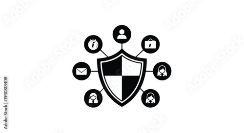 Cybersecurity shield icon with connected devices and protection symbols, representing data security and online safety concept