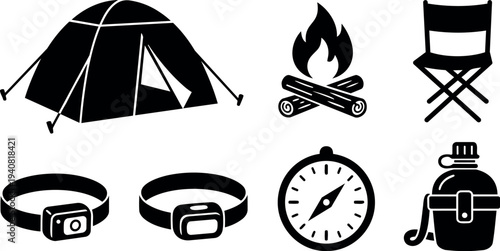 Flat design camping gear icons set showing tent, campfire, folding chair, headlamp, compass and canteen in bold silhouette isolated black