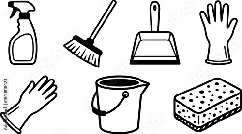 Line art flat design cleaning supplies icons set with spray bottle broom dustpan gloves bucket sponge arranged on white background