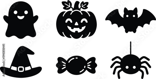Simple black silhouette icons of happy ghost pumpkin bat witch hat candy and spider for halloween celebration festive minimalist vector design