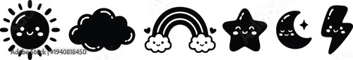 Cute black and white vector icons set featuring smiling sun cloud rainbow star moon and lightning bolt simple minimal line art design for weather and nature themes