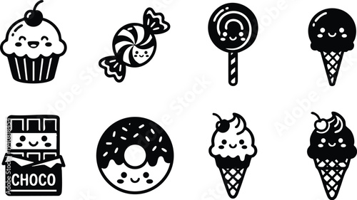 Cute black and white kawaii style cupcakes candy chocolate bar donut and ice cream cone with smiling face icons in vector art style set