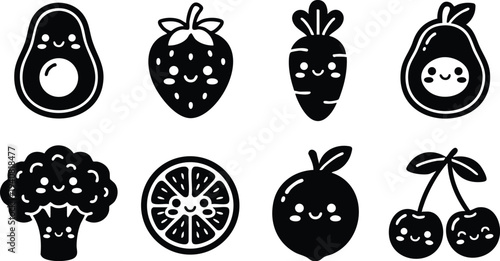 Cute smiling fruit and vegetable icons set with avocado strawberry carrot pear broccoli orange cherry kawaii style vector art collection