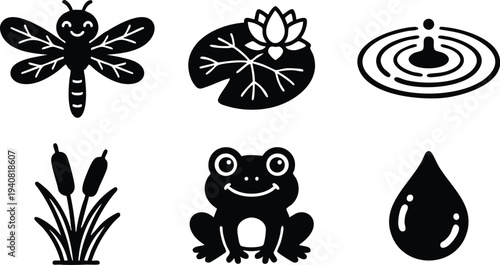 Simple black and white vector icons of smiling dragonfly lily pad with flower water ripple cattails frog and water droplet in minimal flat design set