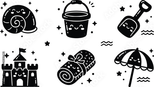 Cute black kawaii style beach icons featuring smiling seashell bucket shovel sandcastle wrapped towel and striped umbrella with stars and waves vector art