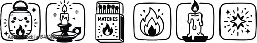 Minimalist hand drawn icons set featuring lantern candle matches box flame burning wick and shining star symbols in simple black line style