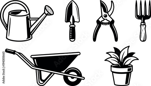 Line art garden tool icon set with watering can trowel pruners hand fork wheelbarrow and potted plant flat vector illustration