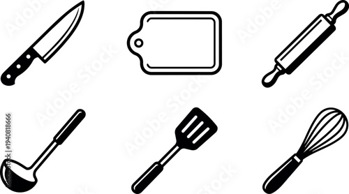 Line art kitchen utensils icon set showing chef knife cutting board rolling pin ladle spatula whisk arranged on white background