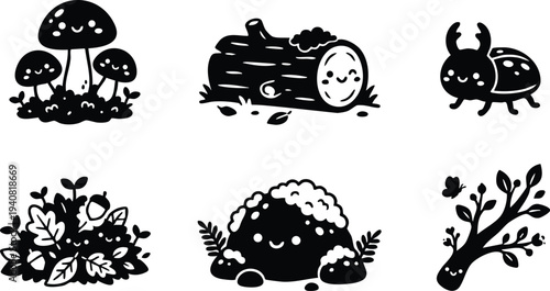 Cute black and white vector art set of smiling forest elements with mushrooms log smiling bugs leaves rocks and branches with playful happy faces in minimalist cartoon style