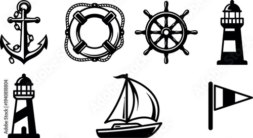 Minimalist icon nautical set showing anchor, lifebuoy, ship wheel, two lighthouses, sailboat and pennant in black silhouettes flat vector isolated