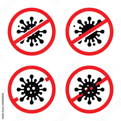 Kills 99.9% bacteria, germs, viruses icon set. Antibacterial, antiviral defense, protection infection. Disinfection anti bacterial label, logo, badge, sign, symbol, circle, red, vector illustration.