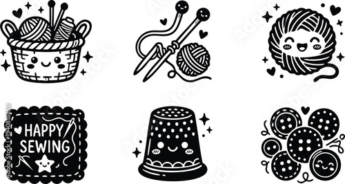 Cute smiling yarn ball knitting needles and basket with wool happy sewing thimble and buttons icons set in black line art style vector illustration cozy crafting hobby design