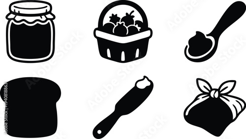 Silhouette style vector art set of jam jar basket full of berries spoon with jam slice of bread butter knife with spread and wrapped bread loaf isolated on white background
