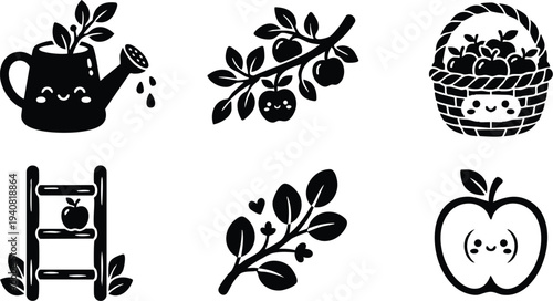 Cute black silhouette vector art of smiling watering can dropping water with leaves branch and ripe apples on tree basket full of apples and ladder with apple isolated on white background