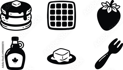 Black and white minimalist vector icons of pancakes with syrup and butter waffle strawberry maple syrup bottle and fork set food breakfast theme