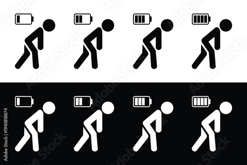 Tired person or people icon set. Fatigue or exhausted, lack battery energy, low charge, burnout workplace, stress, thin line symbol on white background. People with battery icons, logo, label. Vector 