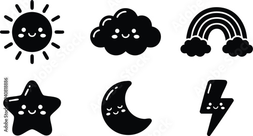 Cute black and white vector icons of smiling sun cloud rainbow star crescent moon and lightning bolt with happy facial expressions in flat design style