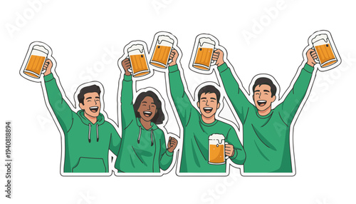 Group of Diverse Friends in Green Clothes Cheering with Beer Mugs for St. Patrick’s Day Party and Social Gathering Concept