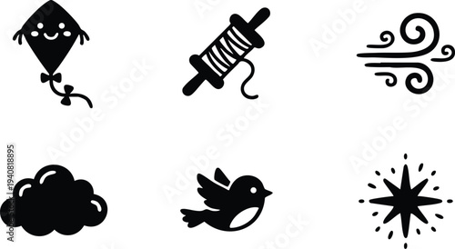 Minimalist black and white vector icons set including smiling kite with tail spool of thread swirling wind fluffy cloud flying bird and starburst symbol isolated on white background