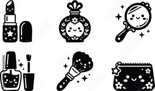 Cute kawaii style makeup vector set with smiling lipstick nail polish perfume bottle cosmetic brush compact mirror and floral makeup pouch icons
