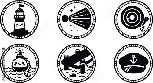 Cute nautical black and white vector icons set featuring smiling lighthouse buoy dock and captain hat in round framed circle design style with marine theme