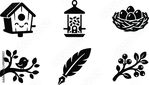 Black silhouette vector icons set featuring birdhouse with smiling face bird feeder with seeds nest with eggs branch with singing bird feather quill and berry branch isolated on white background