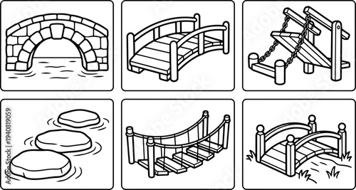 Line art icon set of six bridge and stepping stone designs in panels showing arched suspension rope and plank structures