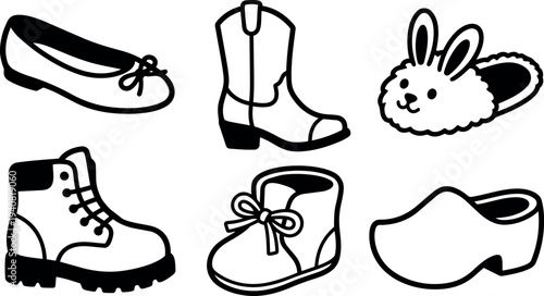 Line art shoe icon set showing ballet flat, cowboy boot, bunny slipper, hiking boot, baby bootie and wooden clog collection