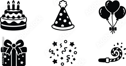 Minimalist black and white vector icons set with birthday cake hat balloons gift box confetti and party horn festive celebration design elements for holiday event