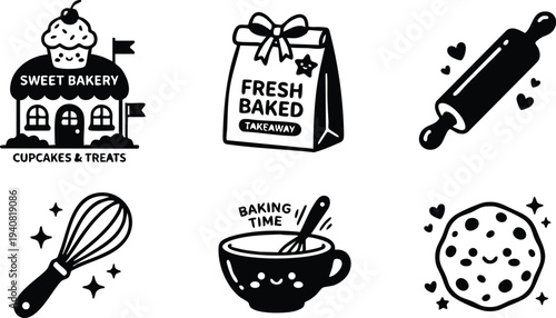 Cute black and white bakery icons set including cupcake shop building fresh baked bag rolling pin whisk mixing bowl and smiling cookie with hearts and stars