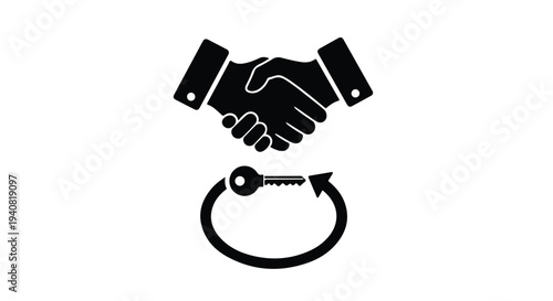 Partnership agreement handshake with key forming circular arrow symbolizing business deal or partnership exchange