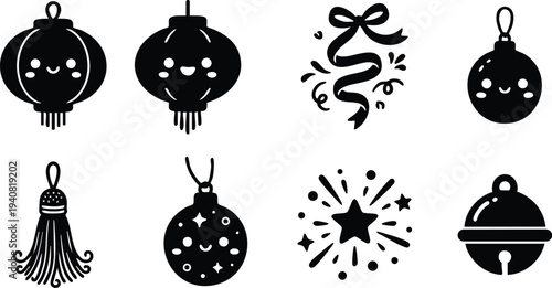 Cute black silhouette ornament set with smiling lanterns round baubles spark star and jingle bell holiday decoration vector icons collection