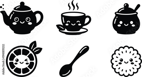 Cute smiling kawaii style teapot cup with steam sugar bowl lemon slice spoon and biscuit icon set flat design simple black vector illustration for food and drink