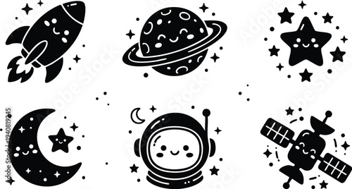 Cute black silhouette vector art of smiling rocket planet star moon astronaut and satellite icons with happy faces isolated on white background playful space theme illustrations