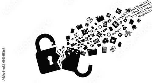 Broken padlock releasing many icons and symbols on white background, representing data breach, cyber security threat, or password cracking in a digital concept