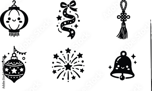 Black and white kawaii style cute hanging lantern bell firework tassel ribbon ornament stars illustration set with smiling faces simple outline vector art design