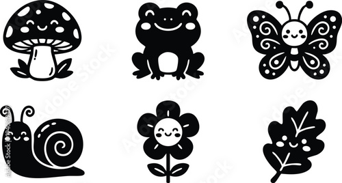 Cute smiling black silhouette mushroom frog butterfly snail flower and leaf icons in playful minimalist flat design style for nature and garden themes