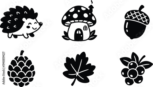 Cute smiling hedgehog vector flat design with mushroom house acorn pine cone maple leaf and berry nature icons set in black and white minimal style